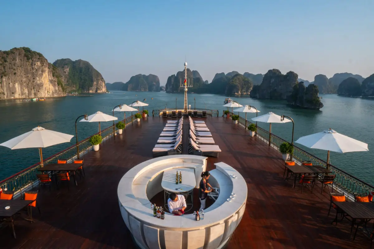 Luxury Indochine cruise ship on Lan Ha Bay Halong Bay Vietnam