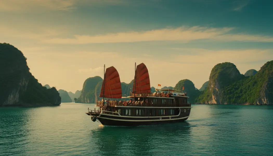 Traditional junk boat Halong Bay Vietnam cruise