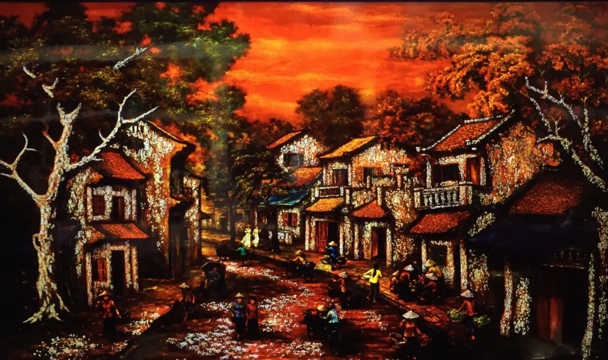 Intricate Vietnamese lacquer vase with mother-of-pearl and eggshell inlay