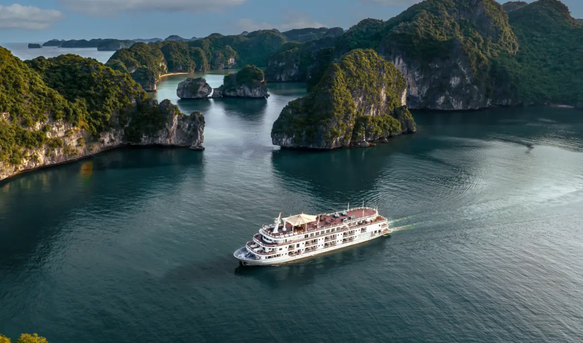 Lan Ha Bay limestone karsts rising from turquoise water