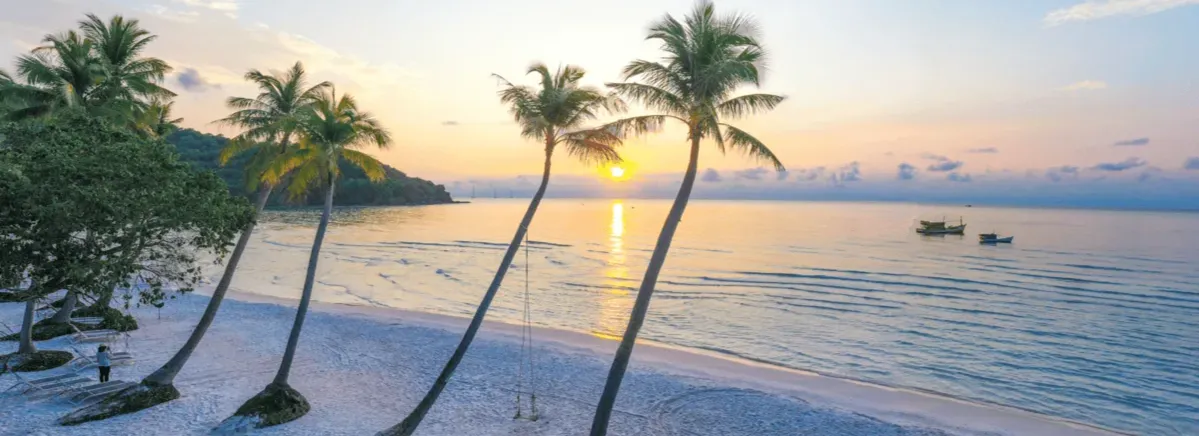 Phu Quoc white sand beach with turquoise water and palm trees