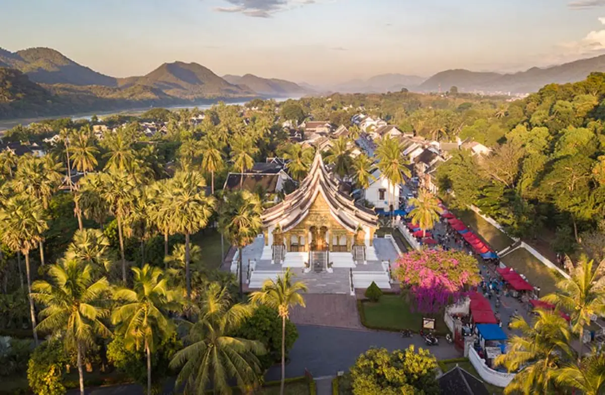 Aerial view of Luang Prabang Laos Mekong River heritage town