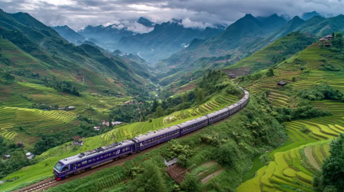 Train in lush green landscape