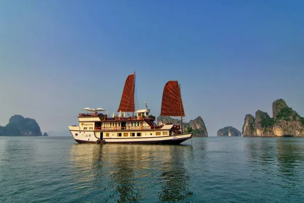 Elegant vintage junk boat with traditional sails