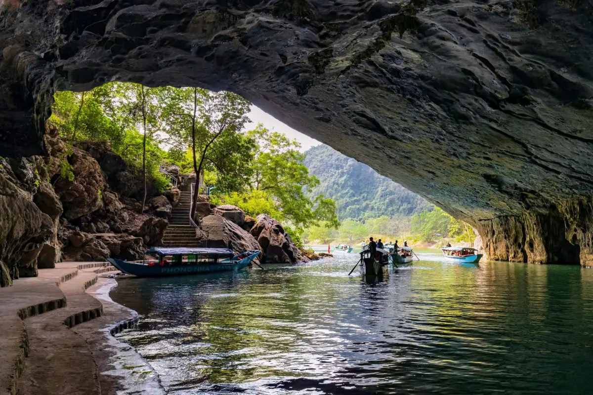 Boats waiting at the pier for Phong Nha Cave tour