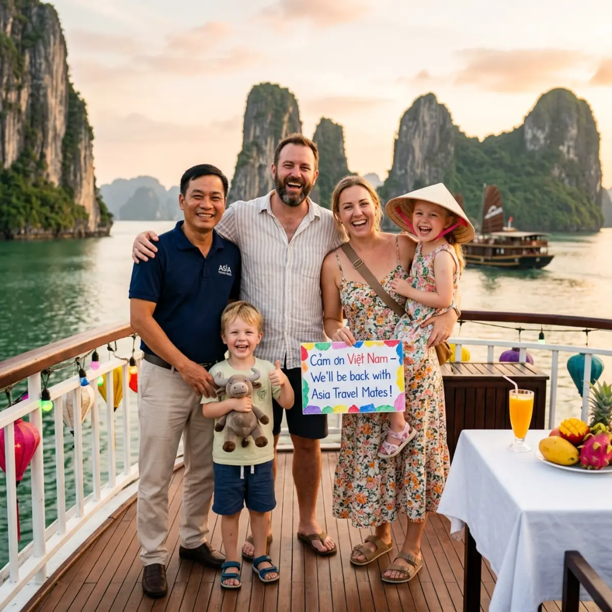 Family with two daughters holding a thank you sign in front of Halong Bay limestone karsts at sunset